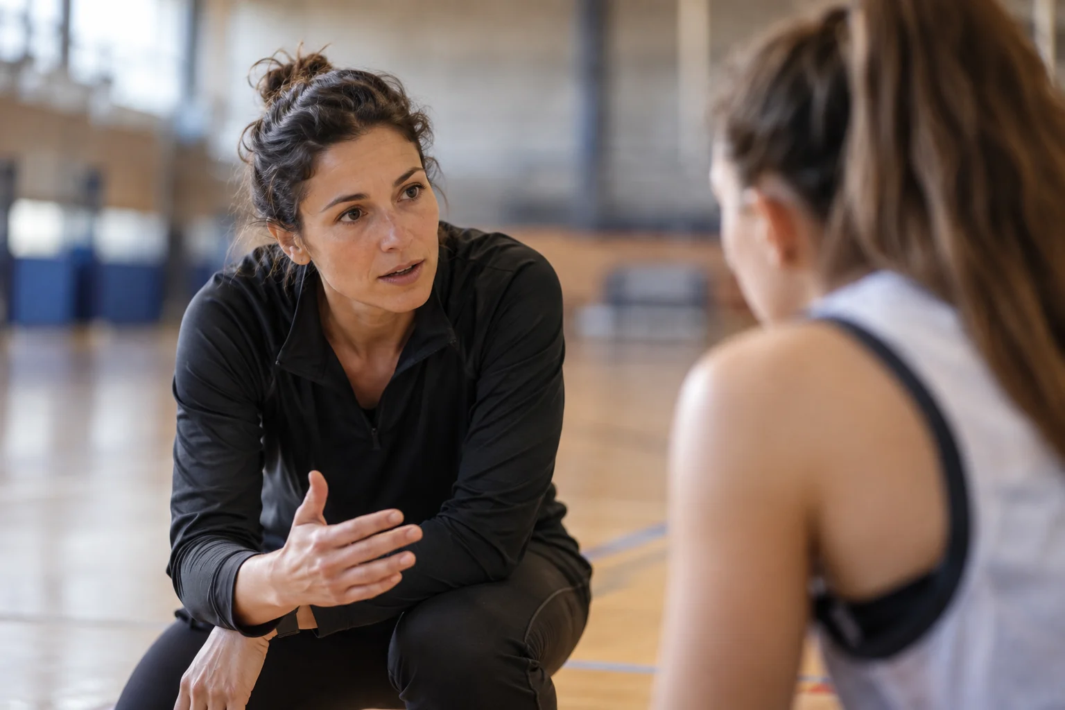 Entrenadora conversando con una deportista durante un entrenamiento en pista cubierta