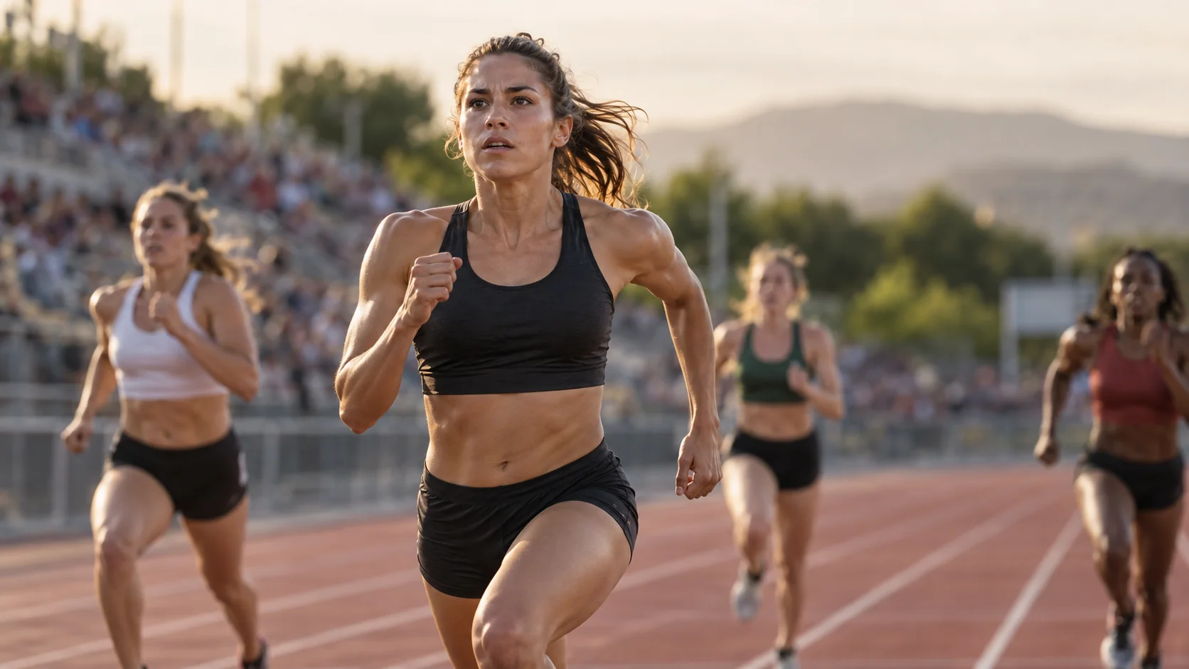 Atleta concentrada durante el tramo decisivo de una carrera